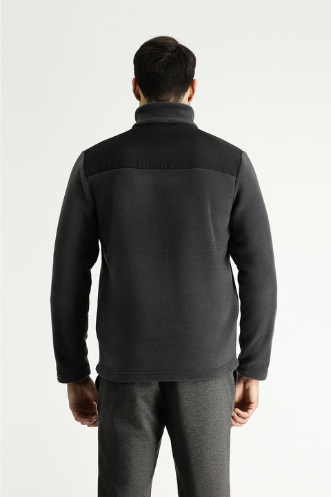 Koyu Füme Yarım Balıkçı Yaka Regular Fit Fermuarlı Nakışlı Polar Sweatshirt