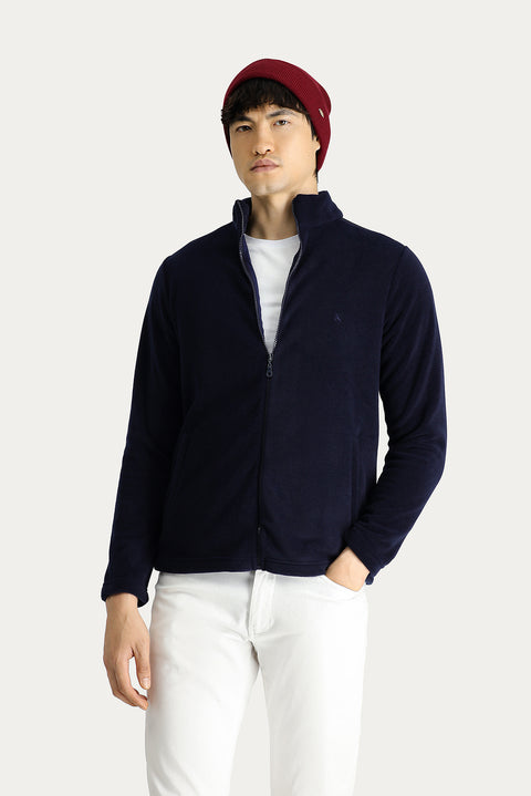 Koyu Lacivert Fermuarlı Nakışlı Polar Sweatshirt