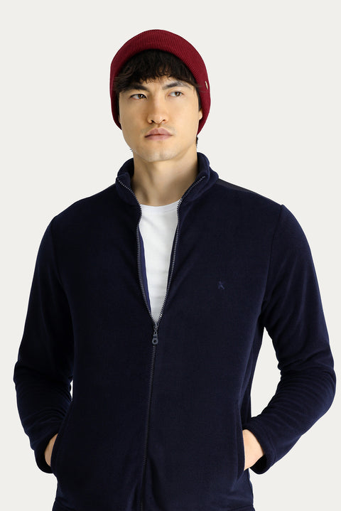 Koyu Lacivert Fermuarlı Nakışlı Polar Sweatshirt