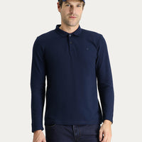 Koyu Lacivert Polo Yaka Slim Fit Dar Kesim Nakışlı Pamuk Sweatshirt