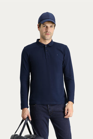  Koyu Lacivert Polo Yaka Slim Fit Dar Kesim Nakışlı Pamuk Sweatshirt