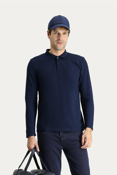 Koyu Lacivert Polo Yaka Slim Fit Dar Kesim Nakışlı Pamuk Sweatshirt