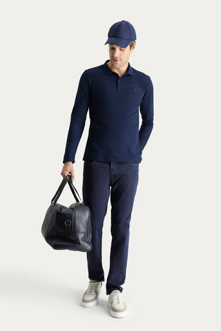  Koyu Lacivert Polo Yaka Slim Fit Dar Kesim Nakışlı Pamuk Sweatshirt