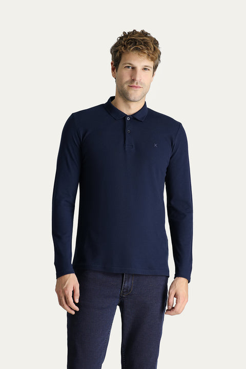 Koyu Lacivert Polo Yaka Slim Fit Dar Kesim Nakışlı Pamuk Sweatshirt