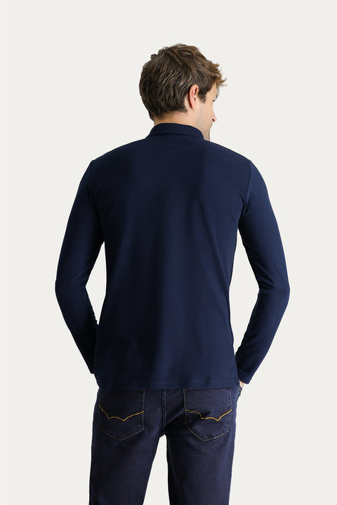 Koyu Lacivert Polo Yaka Slim Fit Dar Kesim Nakışlı Pamuk Sweatshirt