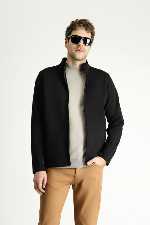 Siyah Slim Fit Dar Kesim Fermuarlı Sweatshirt