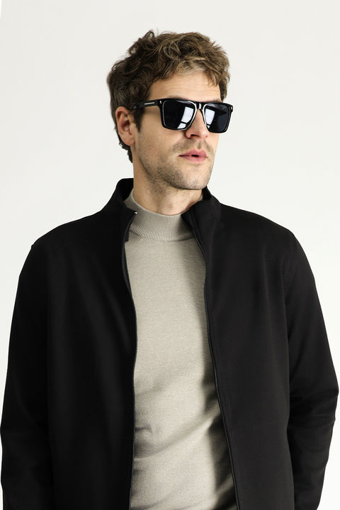 Siyah Slim Fit Dar Kesim Fermuarlı Sweatshirt