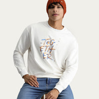 Ekru Bisiklet Yaka Baskılı Oversize Pamuk Sweatshirt