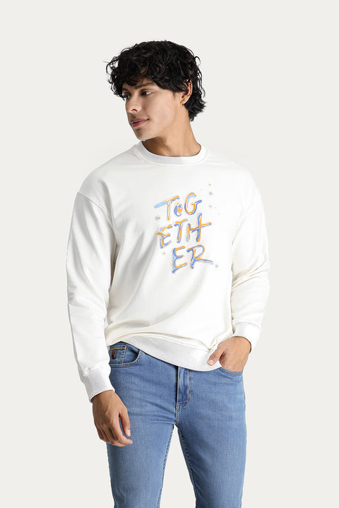 Ekru Bisiklet Yaka Baskılı Oversize Pamuk Sweatshirt