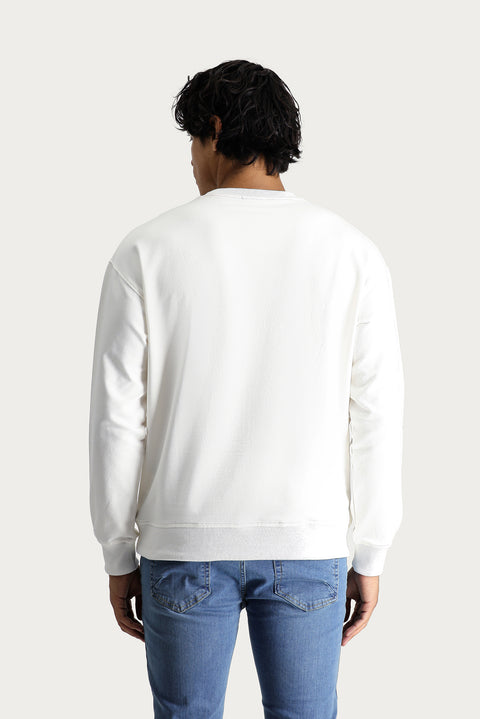 Ekru Bisiklet Yaka Baskılı Oversize Pamuk Sweatshirt