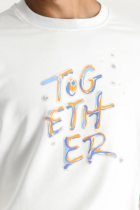 Ekru Bisiklet Yaka Baskılı Oversize Pamuk Sweatshirt