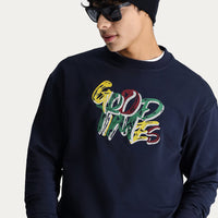 Koyu Lacivert Bisiklet Yaka Baskılı Oversize Pamuk Sweatshirt