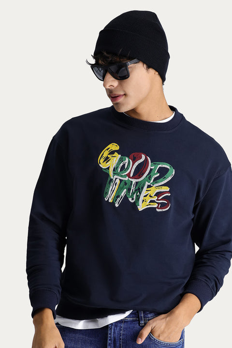 Koyu Lacivert Bisiklet Yaka Baskılı Oversize Pamuk Sweatshirt