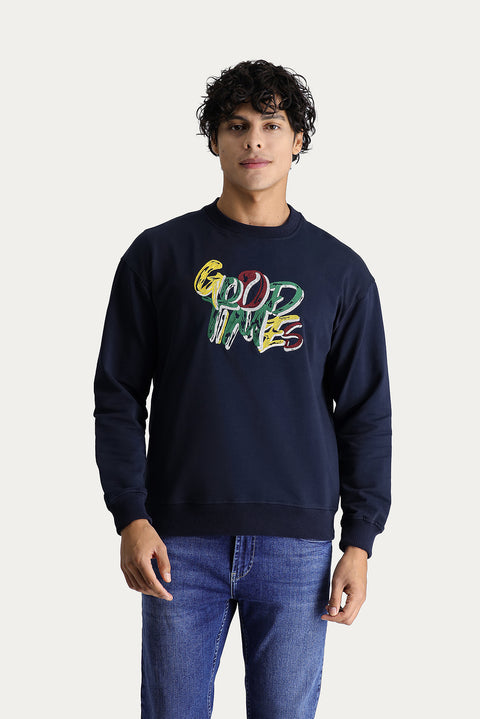 Koyu Lacivert Bisiklet Yaka Baskılı Oversize Pamuk Sweatshirt