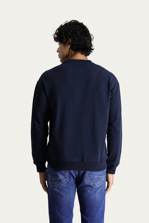 Koyu Lacivert Bisiklet Yaka Baskılı Oversize Pamuk Sweatshirt