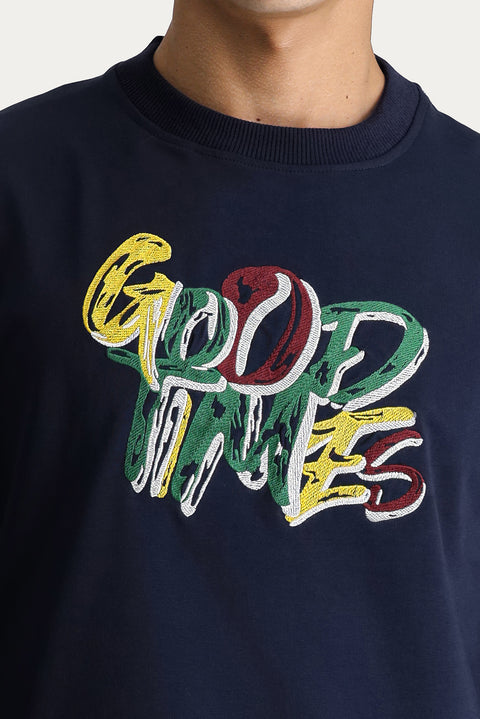 Koyu Lacivert Bisiklet Yaka Baskılı Oversize Pamuk Sweatshirt