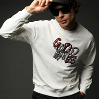 Ekru Bisiklet Yaka Baskılı Oversize Pamuk Sweatshirt
