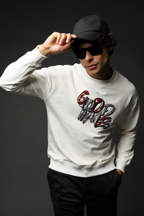 Ekru Bisiklet Yaka Baskılı Oversize Pamuk Sweatshirt