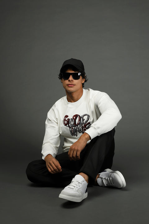 Ekru Bisiklet Yaka Baskılı Oversize Pamuk Sweatshirt