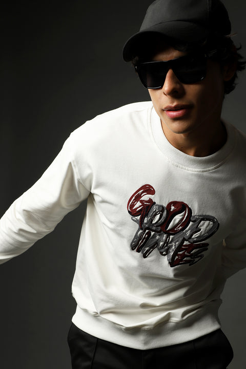 Ekru Bisiklet Yaka Baskılı Oversize Pamuk Sweatshirt