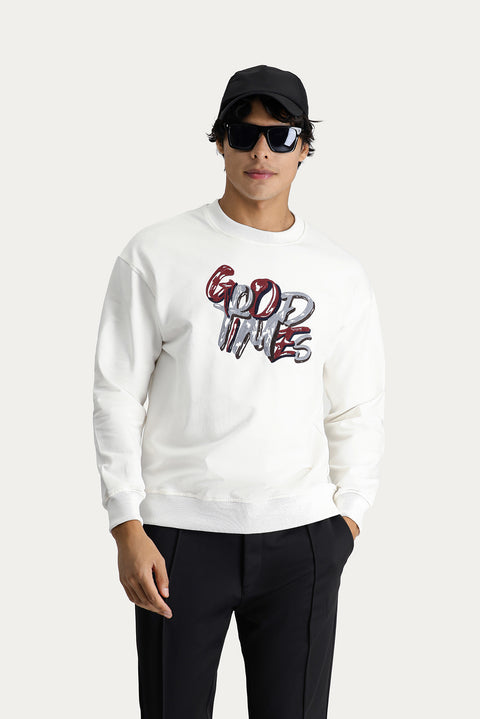 Ekru Bisiklet Yaka Baskılı Oversize Pamuk Sweatshirt