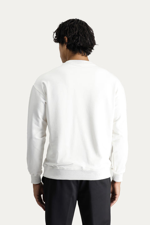 Ekru Bisiklet Yaka Baskılı Oversize Pamuk Sweatshirt