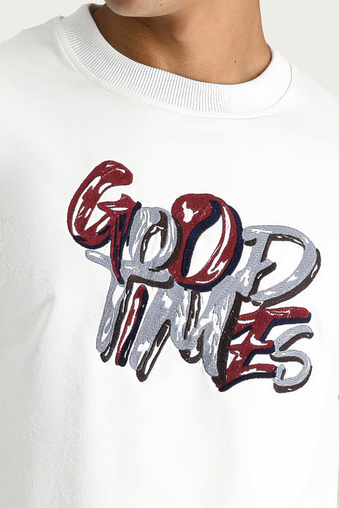 Ekru Bisiklet Yaka Baskılı Oversize Pamuk Sweatshirt