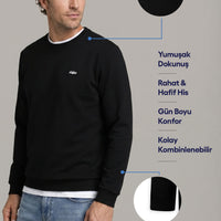 Black Crew Neck Regular Fit Embroidered Basic Thin Sweatshirt