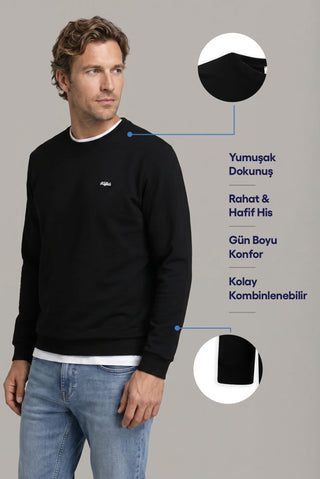  Siyah Bisiklet Yaka Regular Fit Nakışlı Basic İnce Sweatshirt