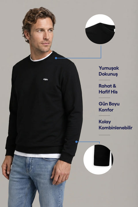 Black Crew Neck Regular Fit Embroidered Basic Thin Sweatshirt