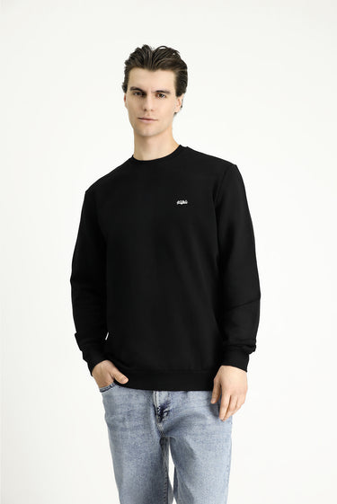  Siyah Bisiklet Yaka Regular Fit Nakışlı Pamuklu Sweatshirt