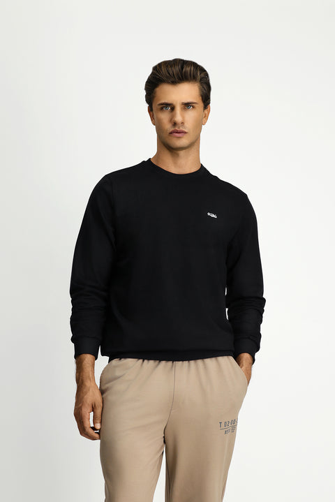 Siyah Bisiklet Yaka Regular Fit Nakışlı Basic İnce Sweatshirt