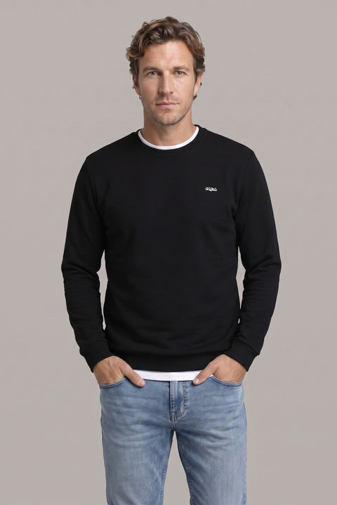 Black Crew Neck Regular Fit Embroidered Basic Thin Sweatshirt