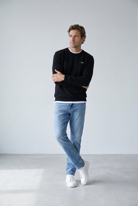 Black Crew Neck Regular Fit Embroidered Basic Thin Sweatshirt