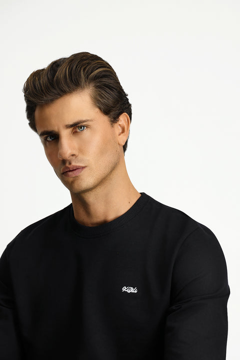Siyah Bisiklet Yaka Regular Fit Nakışlı Basic İnce Sweatshirt