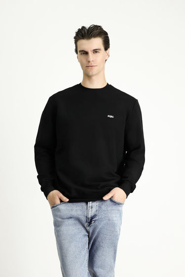  Siyah Bisiklet Yaka Regular Fit Nakışlı Pamuklu Sweatshirt