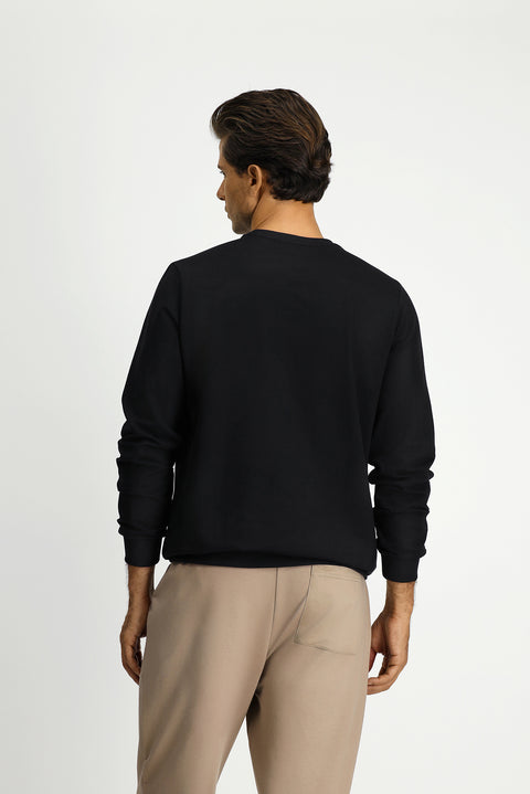 Siyah Bisiklet Yaka Regular Fit Nakışlı Basic İnce Sweatshirt