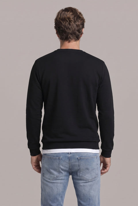 Black Crew Neck Regular Fit Embroidered Basic Thin Sweatshirt
