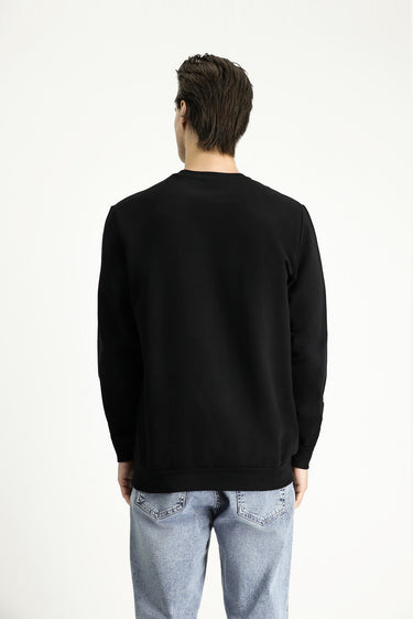 Siyah Bisiklet Yaka Regular Fit Nakışlı Pamuklu Sweatshirt