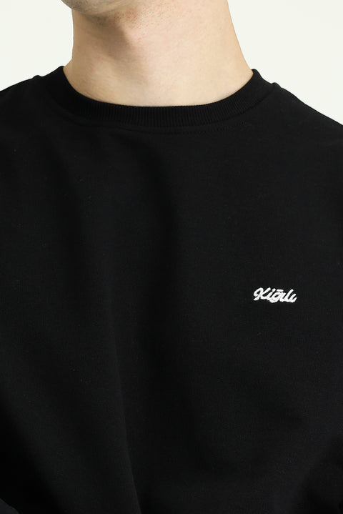 Siyah Bisiklet Yaka Regular Fit Nakışlı Basic İnce Sweatshirt