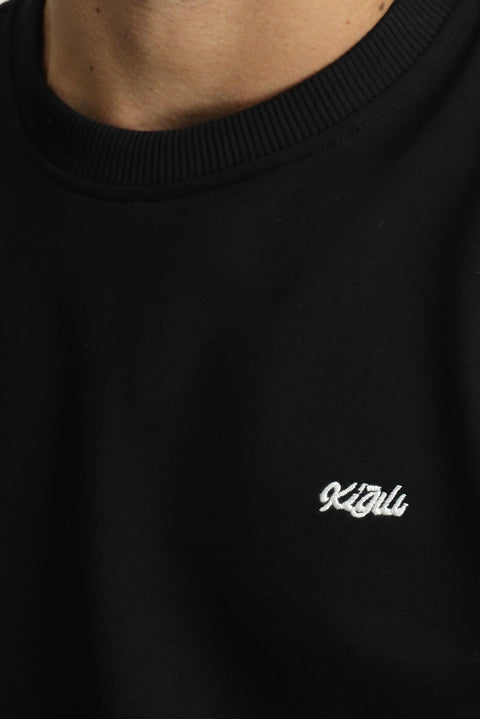 Siyah Bisiklet Yaka Regular Fit Nakışlı Basic İnce Sweatshirt