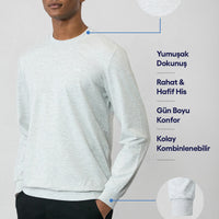Açık Gri Melanj Bisiklet Yaka Regular Fit Nakışlı Basic İnce Sweatshirt