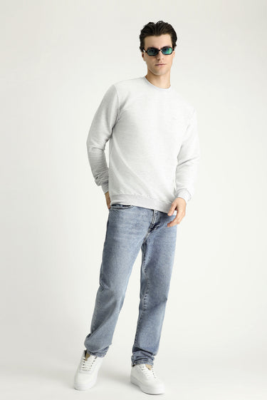  Açık Gri Melanj Bisiklet Yaka Regular Fit Nakışlı Pamuklu Sweatshirt