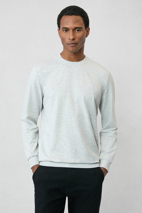 Açık Gri Melanj Bisiklet Yaka Regular Fit Nakışlı Basic İnce Sweatshirt