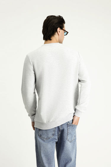  Açık Gri Melanj Bisiklet Yaka Regular Fit Nakışlı Pamuklu Sweatshirt
