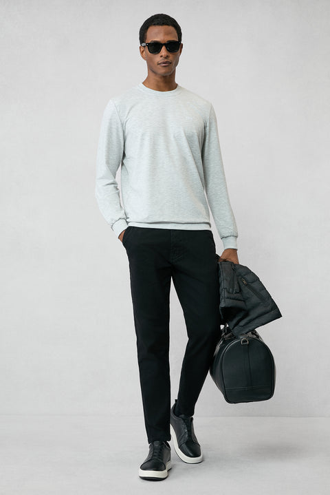 Açık Gri Melanj Bisiklet Yaka Regular Fit Nakışlı Basic İnce Sweatshirt