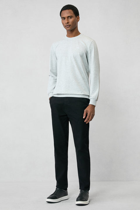 Açık Gri Melanj Bisiklet Yaka Regular Fit Nakışlı Basic İnce Sweatshirt