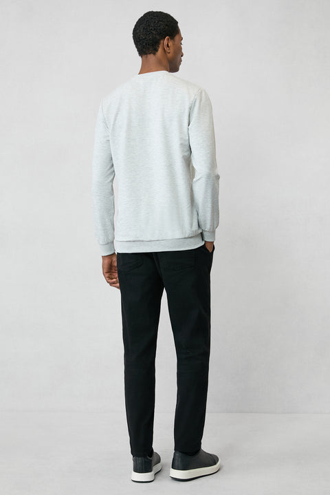 Açık Gri Melanj Bisiklet Yaka Regular Fit Nakışlı Basic İnce Sweatshirt