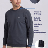 Koyu Füme Bisiklet Yaka Regular Fit Nakışlı Basic İnce Sweatshirt