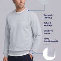 Açık Mavi Bisiklet Yaka Regular Fit Nakışlı Basic İnce Sweatshirt